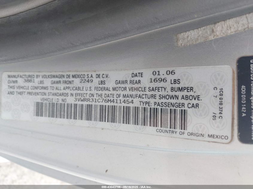 2006 Volkswagen New Beetle Tdi VIN: 3VWRR31C76M411454 Lot: 43043706
