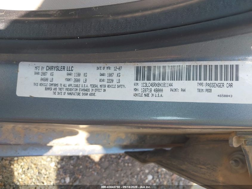 2008 Chrysler Sebring Lx VIN: 1C3LC46RX8N181144 Lot: 43043750