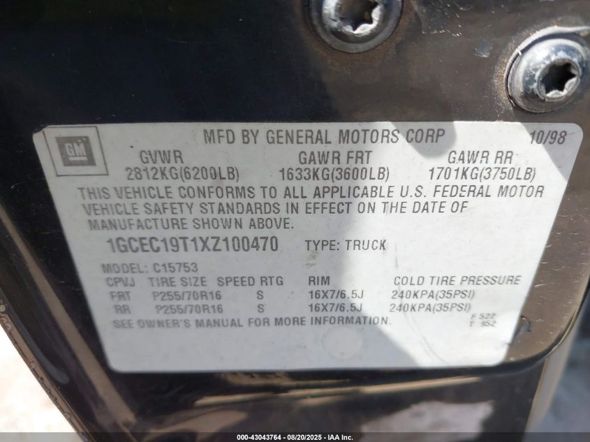 1999 Chevrolet Silverado 1500 Ls VIN: 1GCEC19T1XZ100470 Lot: 43043764