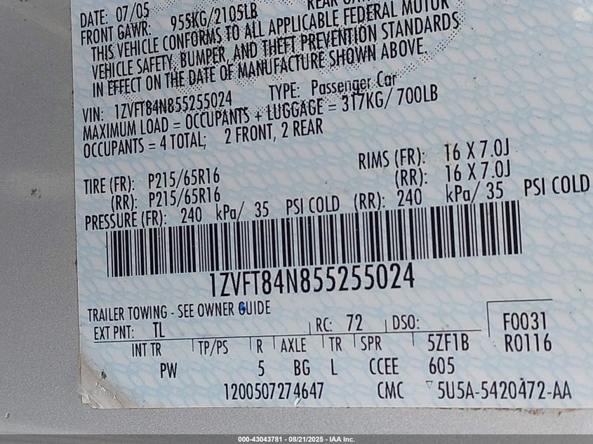 2005 Ford Mustang VIN: 1ZVFT84N855255024 Lot: 43043781