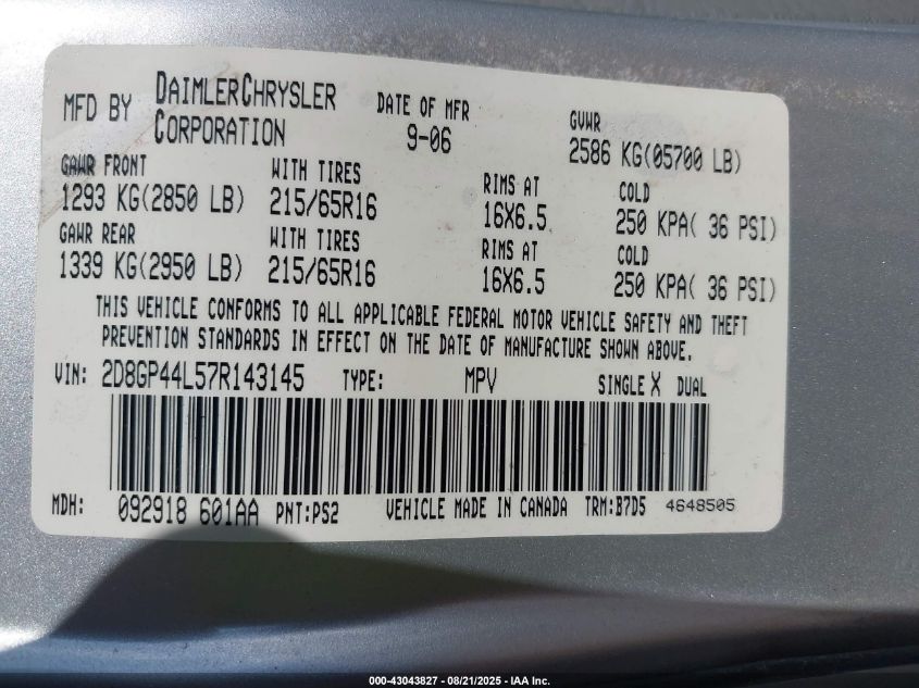 2007 Dodge Grand Caravan Sxt VIN: 2D8GP44L57R143145 Lot: 43043827