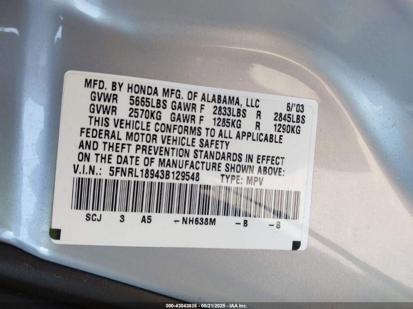 2003 Honda Odyssey Ex-L VIN: 5FNRL18943B129548 Lot: 43043836