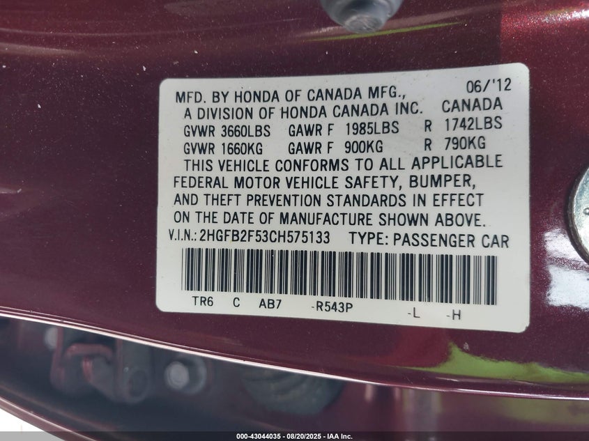 2012 Honda Civic Lx VIN: 2HGFB2F53CH575133 Lot: 43044035