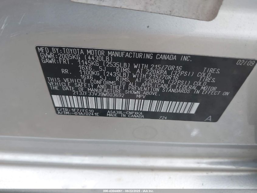 2009 Toyota Rav4 VIN: 2T3ZF33V39W003692 Lot: 43044061