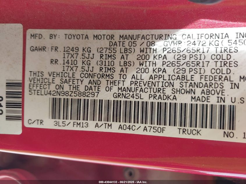 2008 Toyota Tacoma Base V6 VIN: 5TELU42N98Z588297 Lot: 43044133