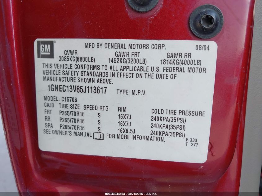 2005 Chevrolet Tahoe Ls VIN: 1GNEC13V85J113617 Lot: 43044163