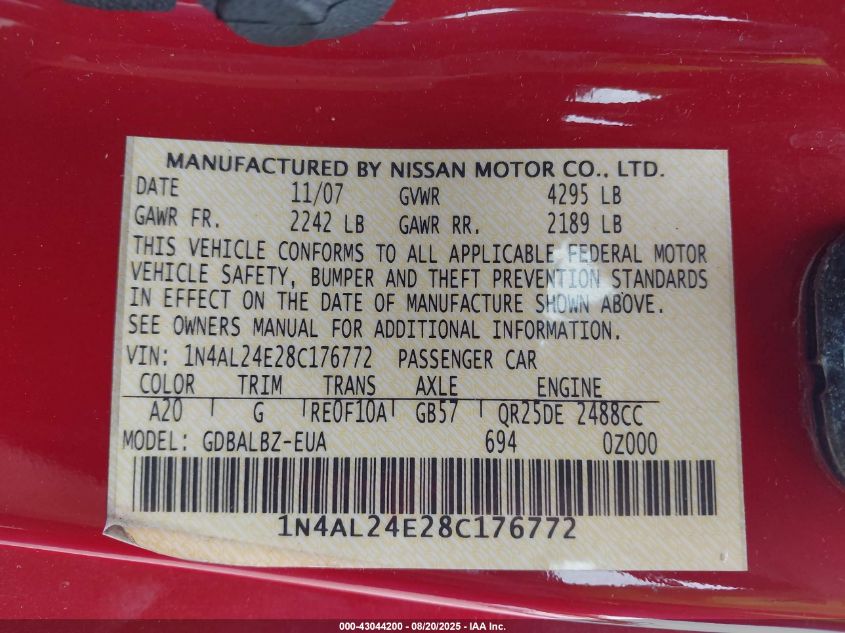 2008 Nissan Altima 2.5 S VIN: 1N4AL24E28C176772 Lot: 43044200