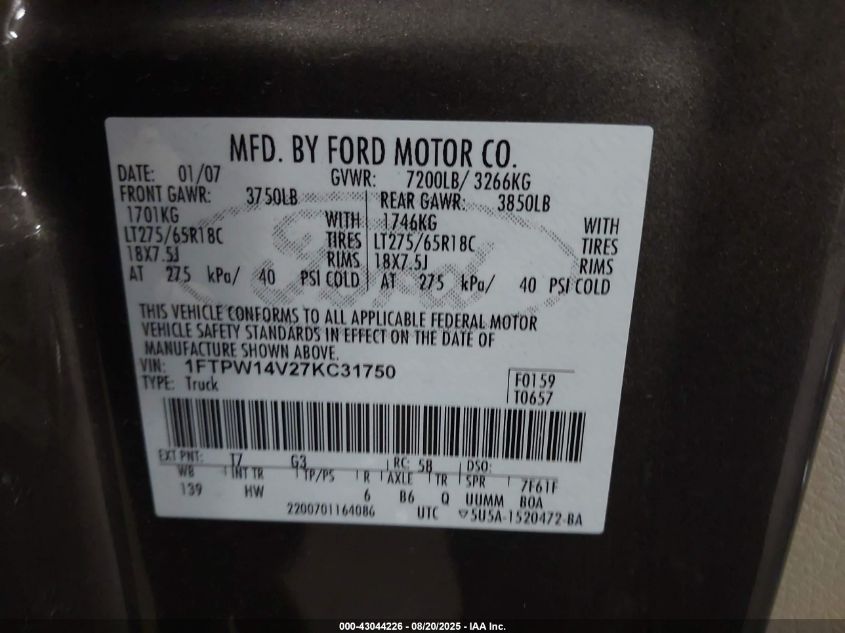 2007 Ford F-150 Fx4/Lariat/Xlt VIN: 1FTPW14V27KC31750 Lot: 43044226