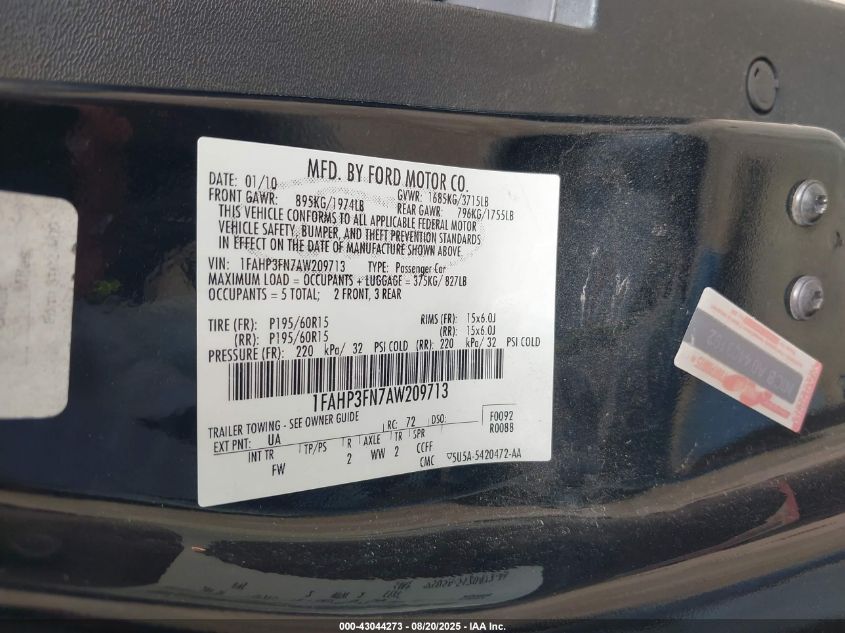 2010 Ford Focus Se VIN: 1FAHP3FN7AW209713 Lot: 43044273