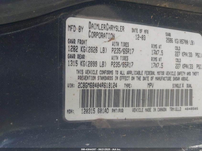 2004 Chrysler Pacifica VIN: 2C8GM68404R619124 Lot: 43044357