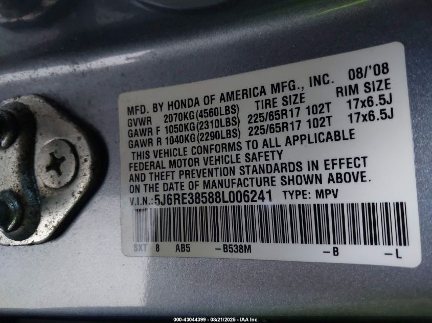 2008 Honda Cr-V Ex VIN: 5J6RE38588L006241 Lot: 43044399