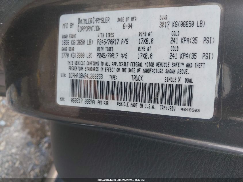 2004 Dodge Ram 1500 Slt/Laramie VIN: 1D7HA18N24J268253 Lot: 43044463