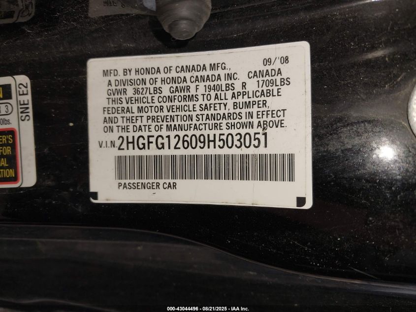 2009 Honda Civic Lx VIN: 2HGFG12609H503051 Lot: 43044496
