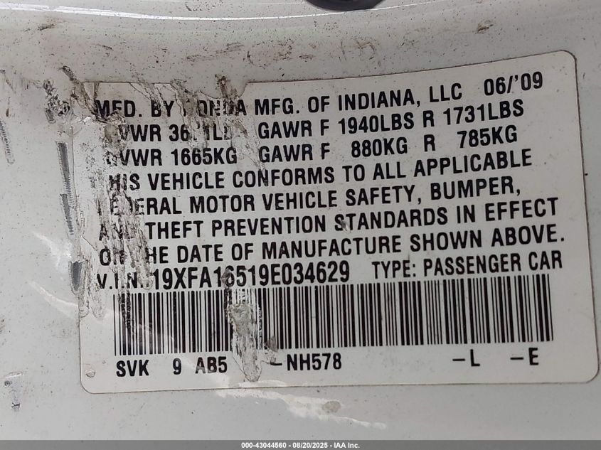2009 Honda Civic Lx VIN: 19XFA16519E034629 Lot: 43044560
