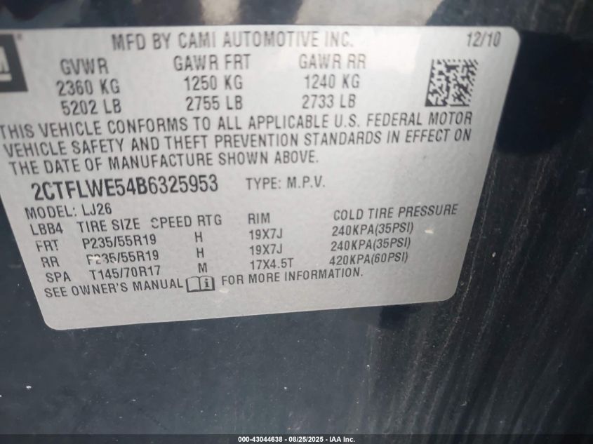 2011 GMC Terrain Slt-2 VIN: 2CTFLWE54B6325953 Lot: 43044638