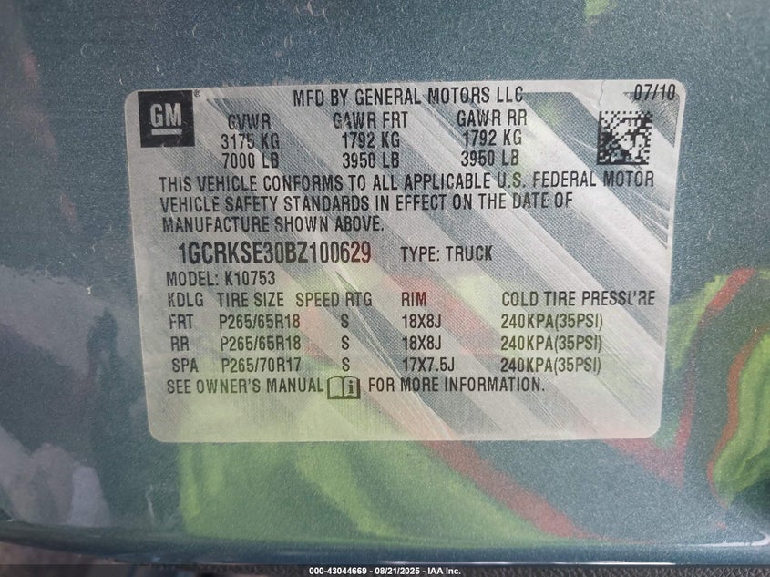 2011 Chevrolet Silverado 1500 Lt VIN: 1GCRKSE30BZ100629 Lot: 43044669