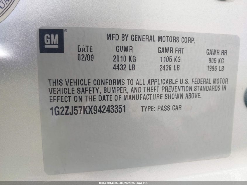 2009 Pontiac G6 New Se VIN: 1G2ZJ57KX94243351 Lot: 43044885