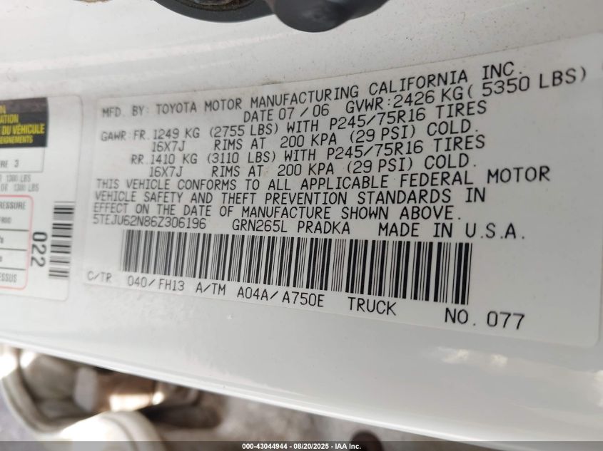 2006 Toyota Tacoma Prerunner V6 VIN: 5TEJU62N86Z306196 Lot: 43044944