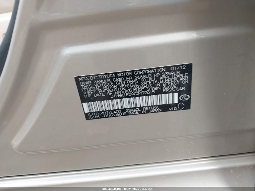 2012 Lexus Es 350 VIN: JTHBK1EG9C2492615 Lot: 43045100