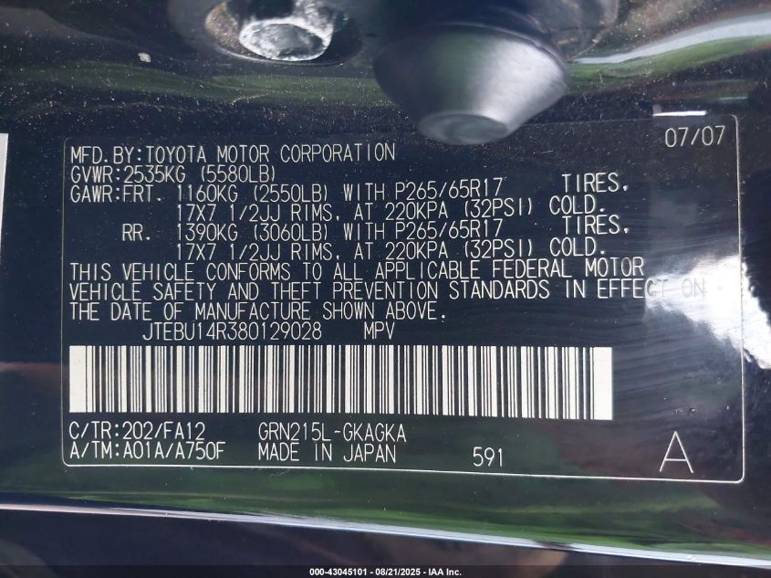 2008 Toyota 4Runner Sr5 V6 VIN: JTEBU14R380129028 Lot: 43045101