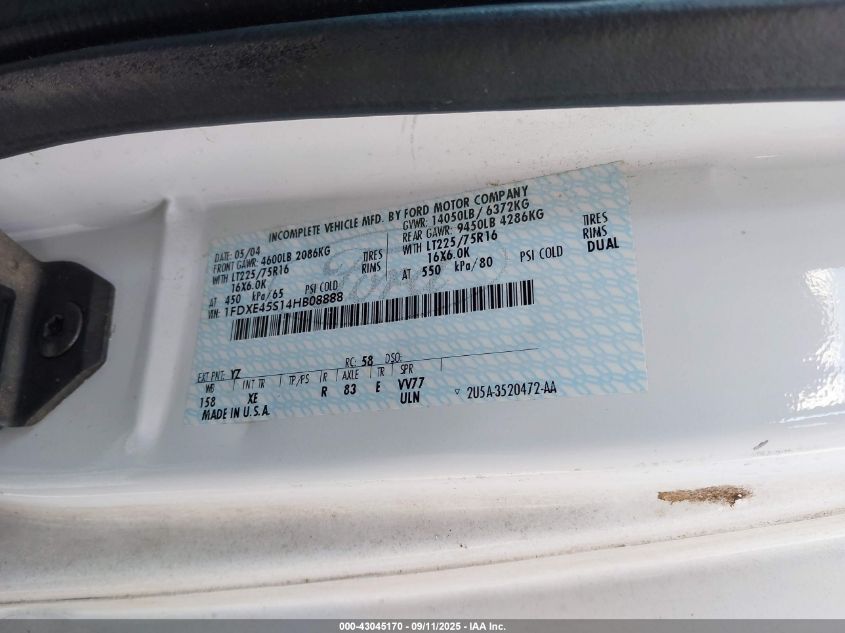 2004 Ford E-450 Cutaway Standard VIN: 1FDXE45S14HB08888 Lot: 43045170