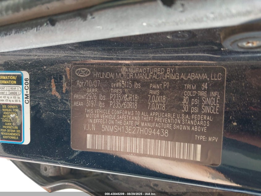 2007 Hyundai Santa Fe Limited/Se VIN: 5NMSH13E27H094438 Lot: 43045209