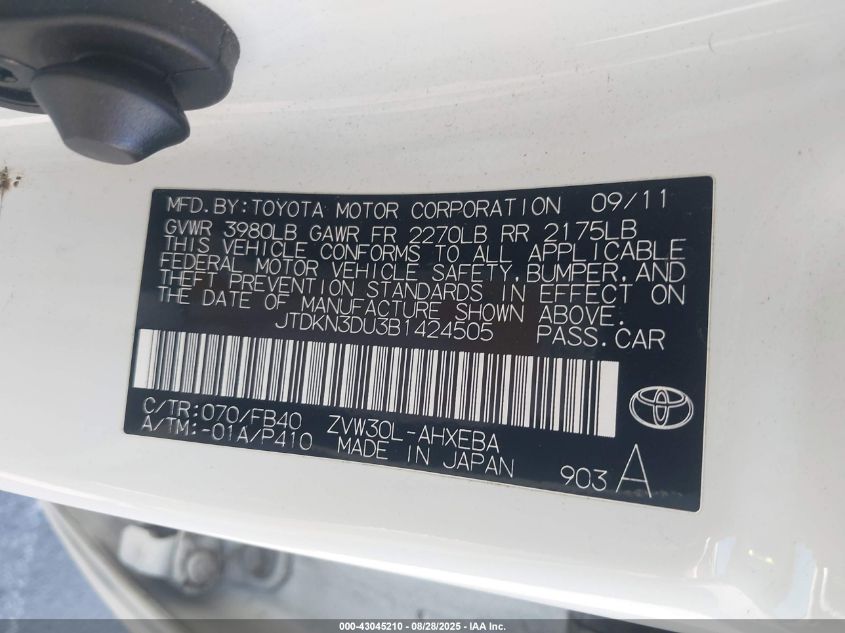 2011 Toyota Prius Two VIN: JTDKN3DU3B1424505 Lot: 43045210