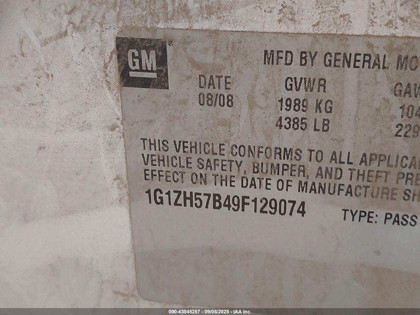 2009 Chevrolet Malibu Lt VIN: 1G1ZH57B49F129074 Lot: 43045257
