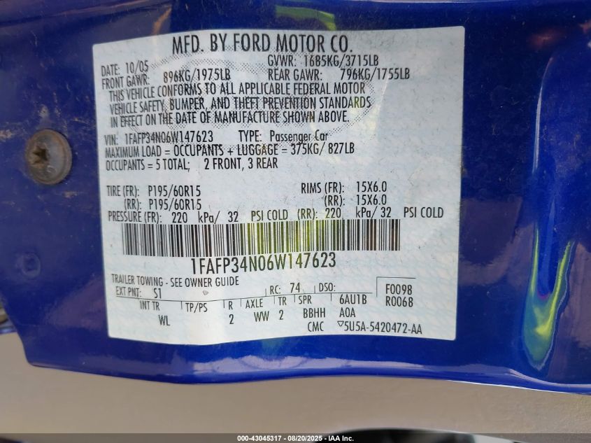 2006 Ford Focus Zx4 VIN: 1FAFP34N06W147623 Lot: 43045317