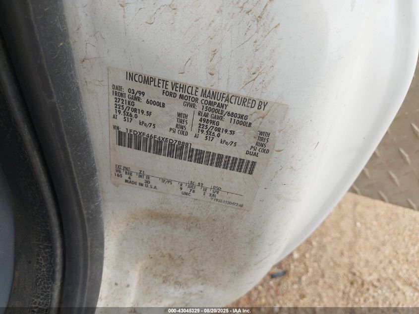 1999 Ford F-450 Lariat/Xl/Xlt VIN: 1FDXF46F4XED78881 Lot: 43045329