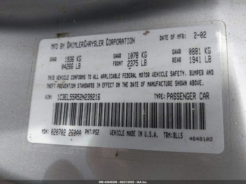 2002 Chrysler Sebring Lxi VIN: 1C3EL55R52N239216 Lot: 43045358