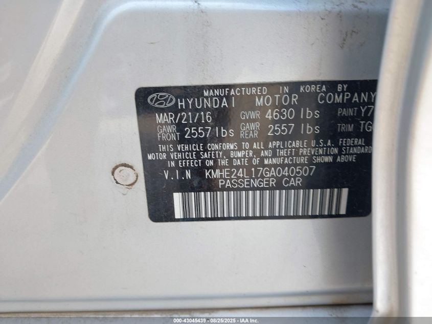2016 Hyundai Sonata Hybrid Se VIN: KMHE24L17GA040507 Lot: 43045439