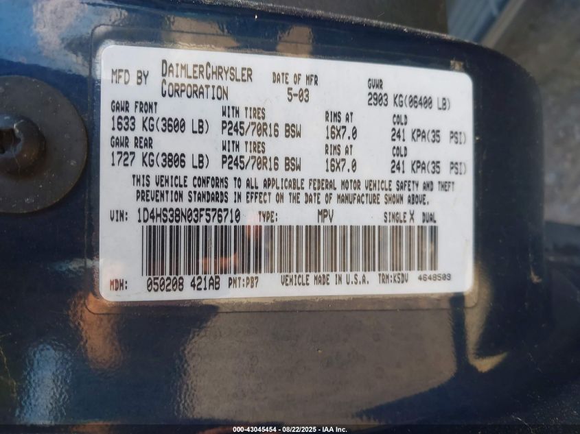 2003 Dodge Durango Sport/Sxt VIN: 1D4HS38N03F576710 Lot: 43045454