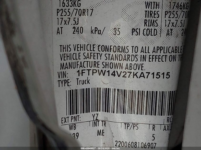2007 Ford F-150 Fx4/Lariat/Xlt VIN: 1FTPW14V27KA71515 Lot: 43045527