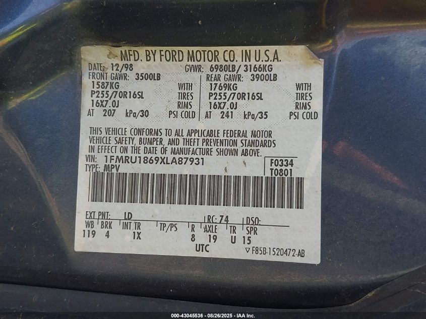 1999 Ford Expedition Xlt VIN: 1FMRU1869XLA87931 Lot: 43045536