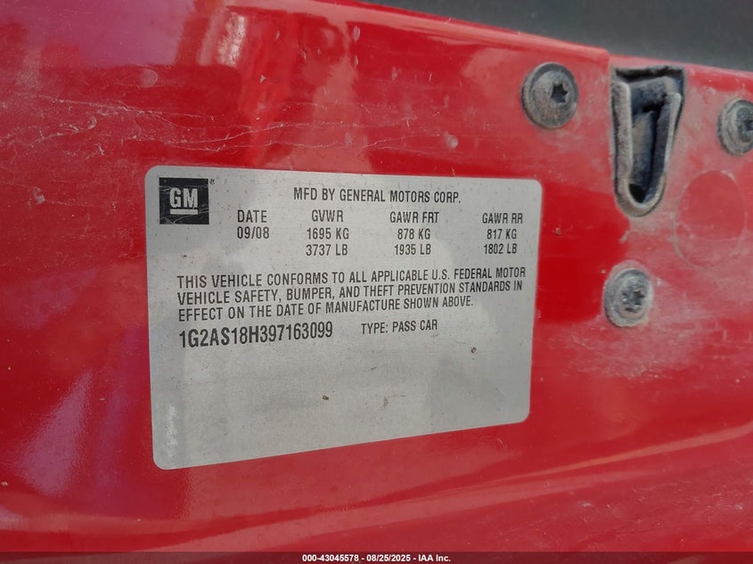 2009 Pontiac G5 VIN: 1G2AS18H397163099 Lot: 43045578