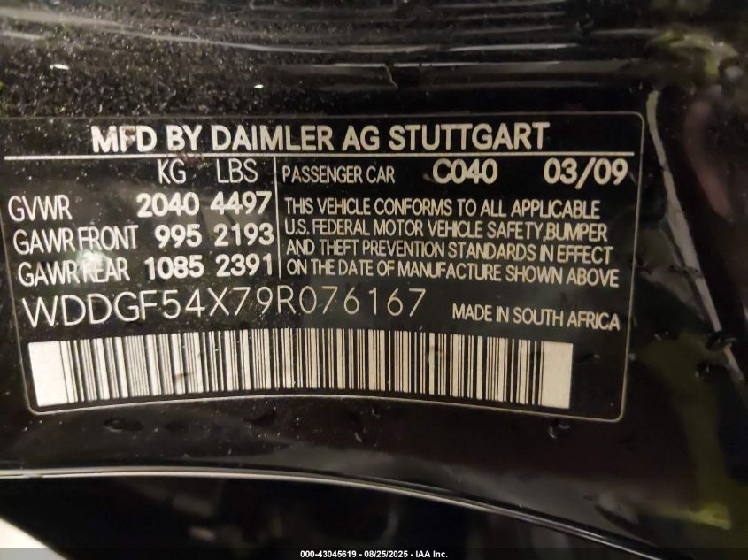 2009 Mercedes-Benz C 300 Luxury/Sport VIN: WDDGF54X79R076167 Lot: 43045619