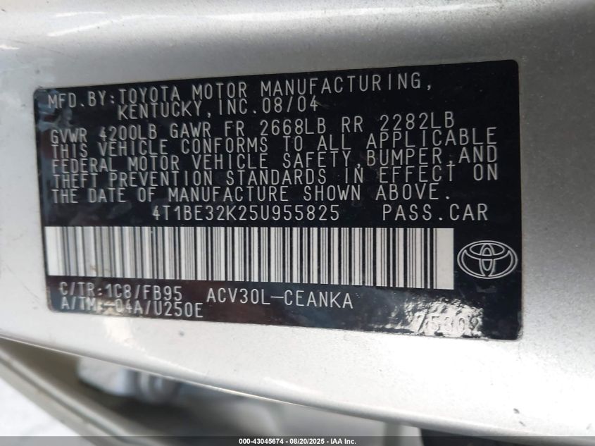 2005 Toyota Camry Le VIN: 4T1BE32K25U955825 Lot: 43045674