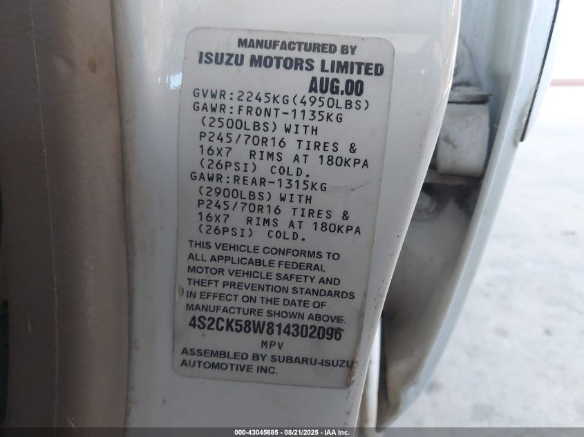 2001 Isuzu Rodeo Ls 3.2L V6/Lse 3.2L V6/S 3.2L V6 VIN: 4S2CK58W814302096 Lot: 43045685