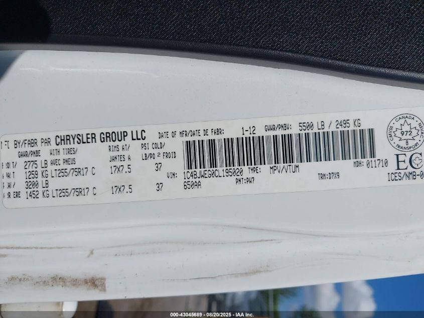 2012 Jeep Wrangler Unlimited Sahara VIN: 1C4BJWEG0CL195020 Lot: 43045689