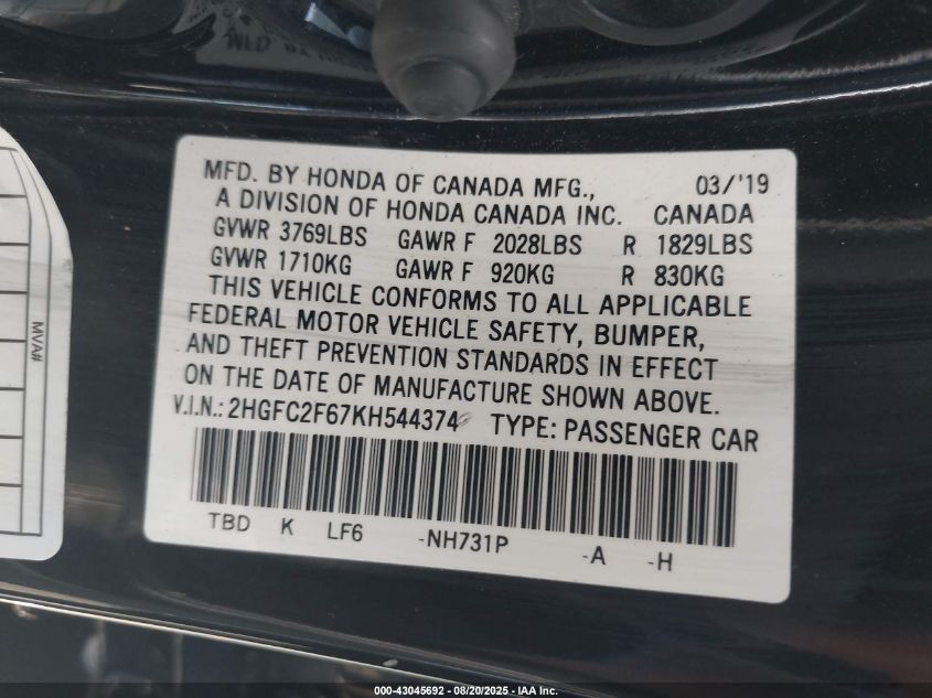2019 Honda Civic Lx VIN: 2HGFC2F67KH544374 Lot: 43045692