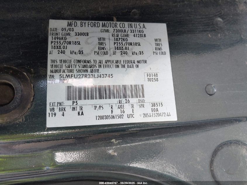 2003 Lincoln Navigator VIN: 5LMFU27R33LJ43745 Lot: 43045767