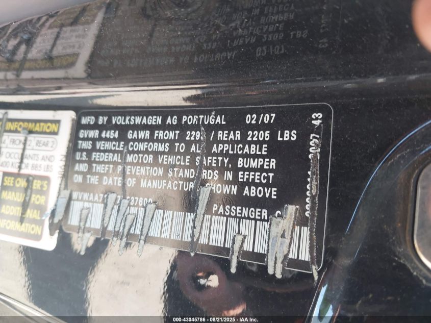 2007 Volkswagen Eos 2.0T VIN: WVWAA71F67V037600 Lot: 43045786