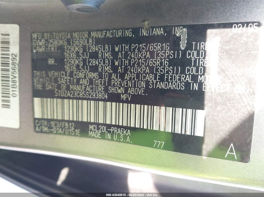 2005 Toyota Sienna Le VIN: 5TDZA23C85S293804 Lot: 43045810