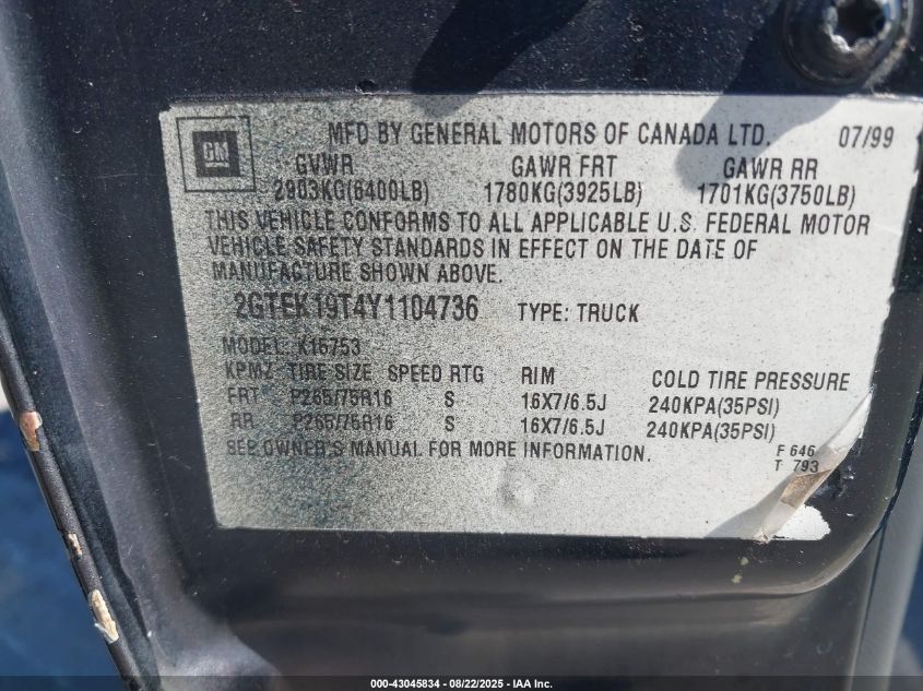2000 GMC Sierra 1500 Sle VIN: 2GTEK19T4Y1104736 Lot: 43045834