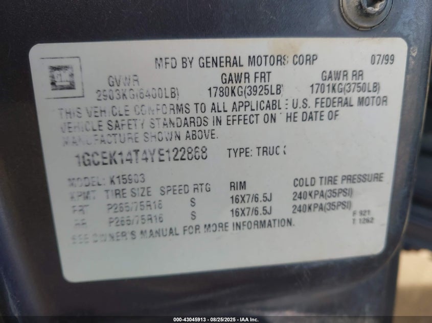 2000 Chevrolet Silverado 1500 Ls VIN: 1GCEK14T4YE122868 Lot: 43045913