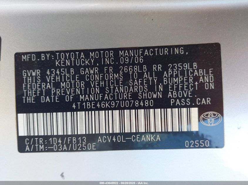 2007 Toyota Camry Le VIN: 4T1BE46K97U078480 Lot: 43045922