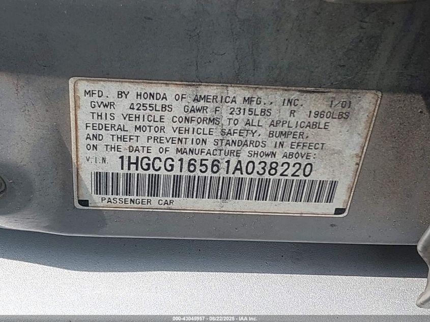 2001 Honda Accord 3.0 Ex VIN: 1HGCG16561A038220 Lot: 43045957
