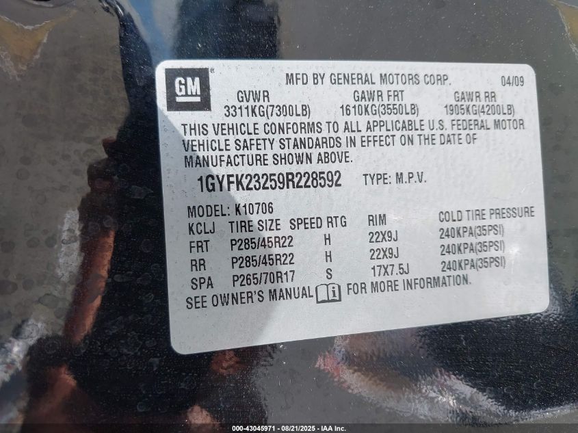 2009 Cadillac Escalade Standard VIN: 1GYFK23259R228592 Lot: 43045971