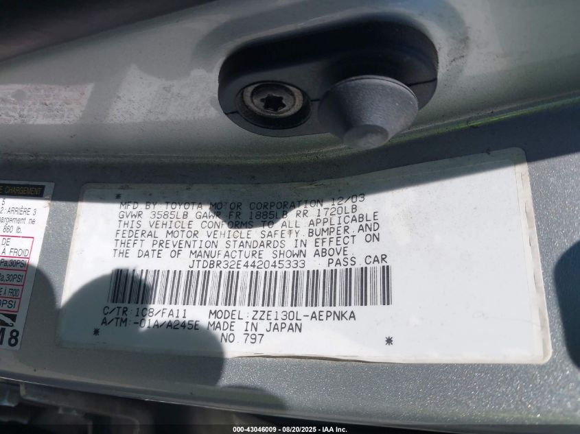 2004 Toyota Corolla Le VIN: JTDBR32E442045333 Lot: 43046009